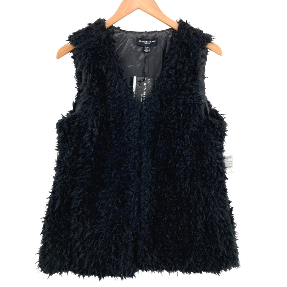 Kenneth Blake Women's Black Faux Fur V-Neck Hook & Eye Sleeveless Vest Large